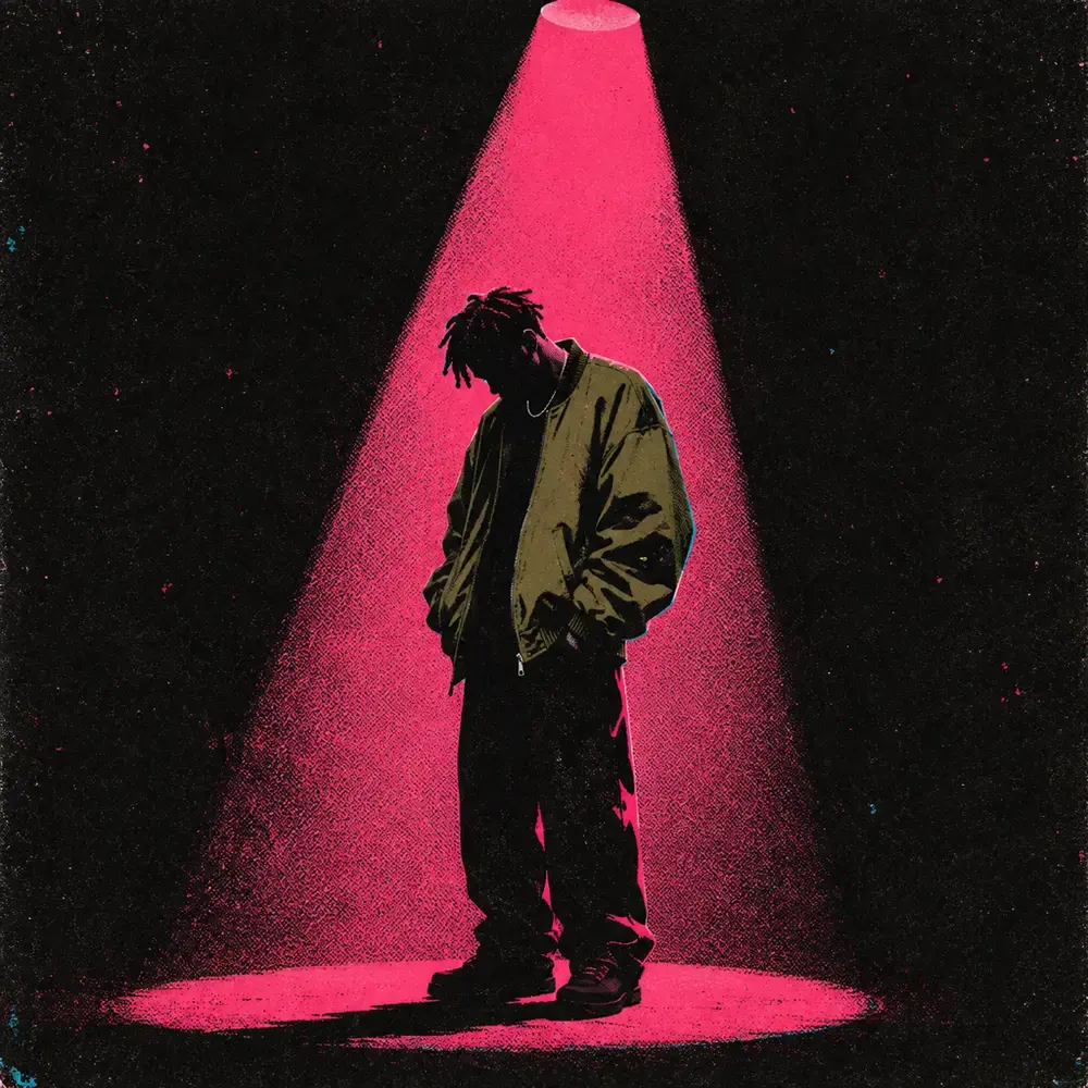A musician under a single magenta spotlight, head bowed.