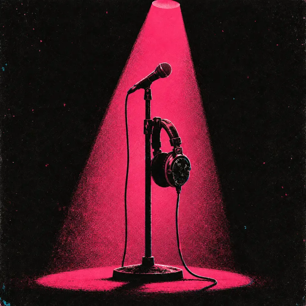 Worn headphones hanging on a mic stand, glowing magenta.