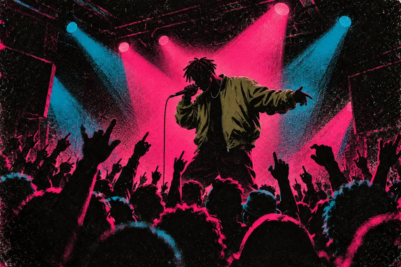 A musician performing in a small packed venue.