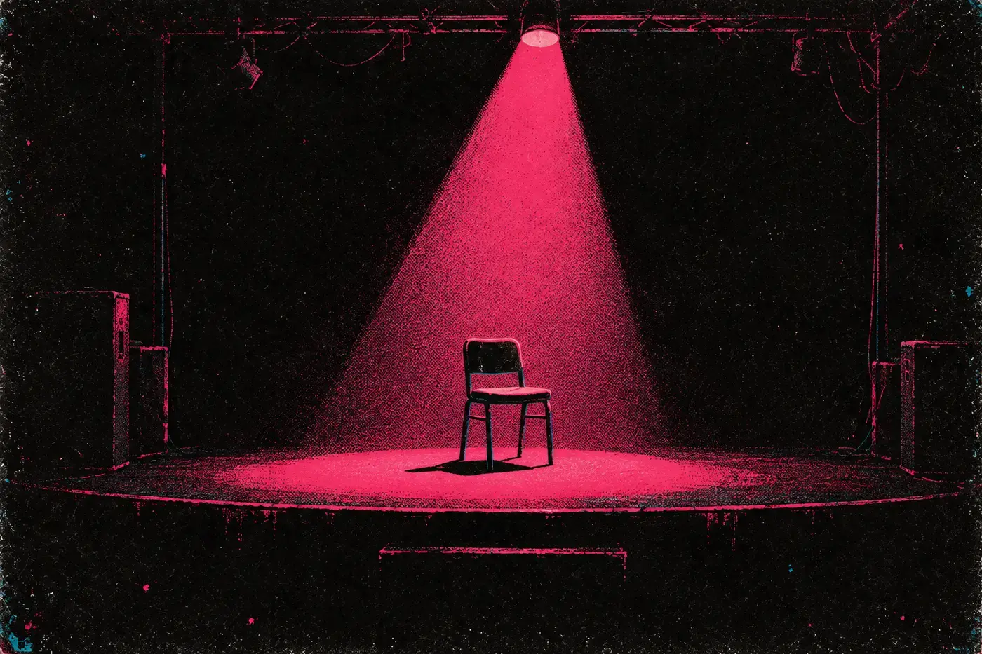 The same venue after the show, empty, one light still on.