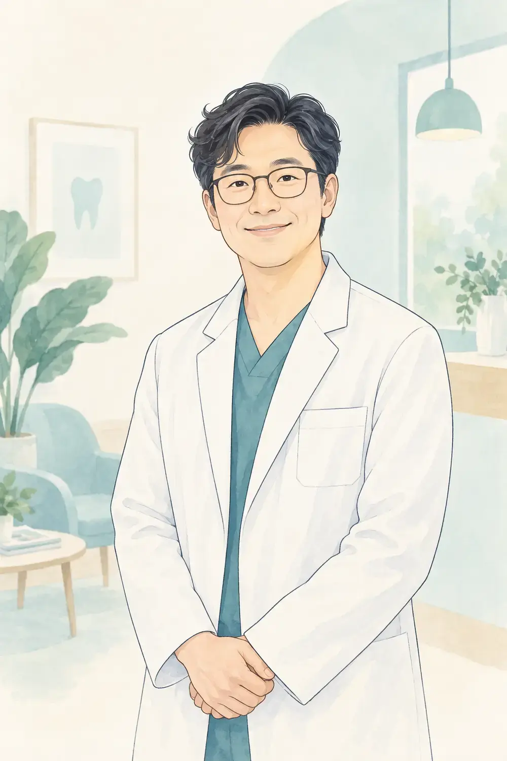A dentist smiling gently.