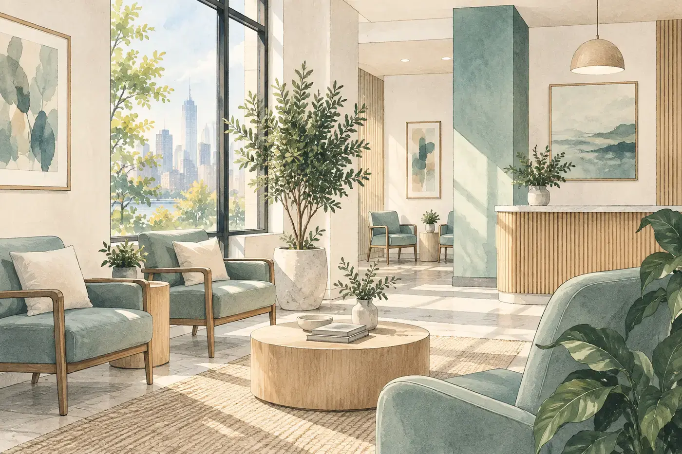 A calm waiting area with a plant and morning light.
