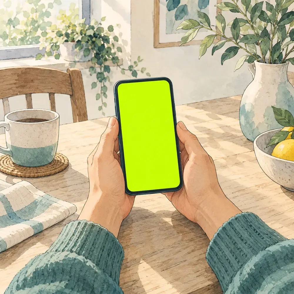 Hands holding a phone at a kitchen table.