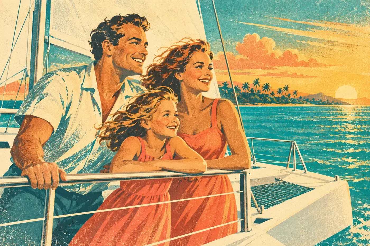 A family at the rail of a catamaran.