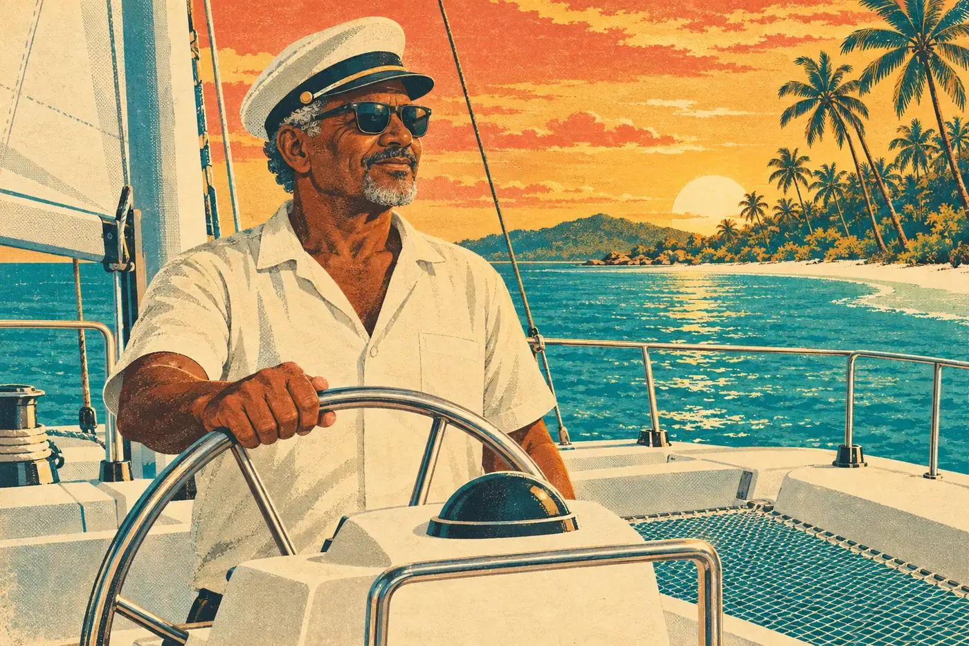 The captain at the wheel, palms behind him.