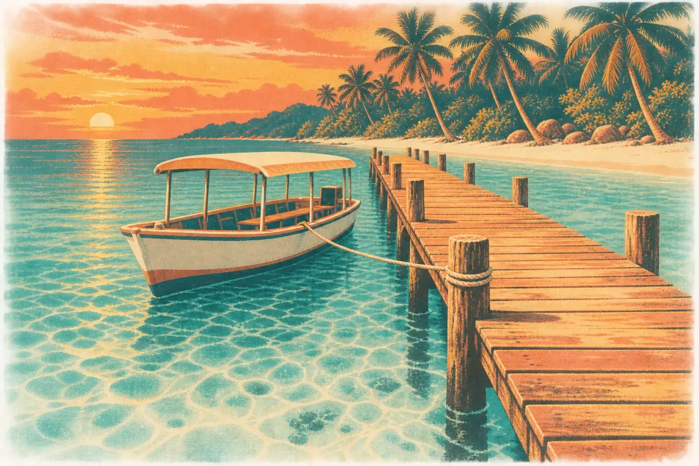A wooden jetty at dusk with the boat tied up.
