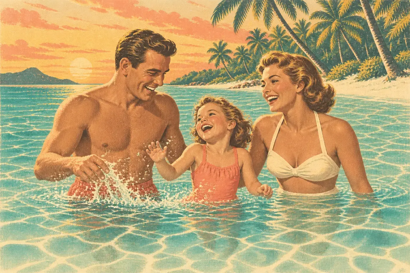 A family laughing in the shallows.