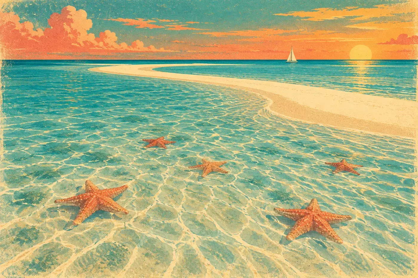 A starfish sandbar under a turquoise sky.