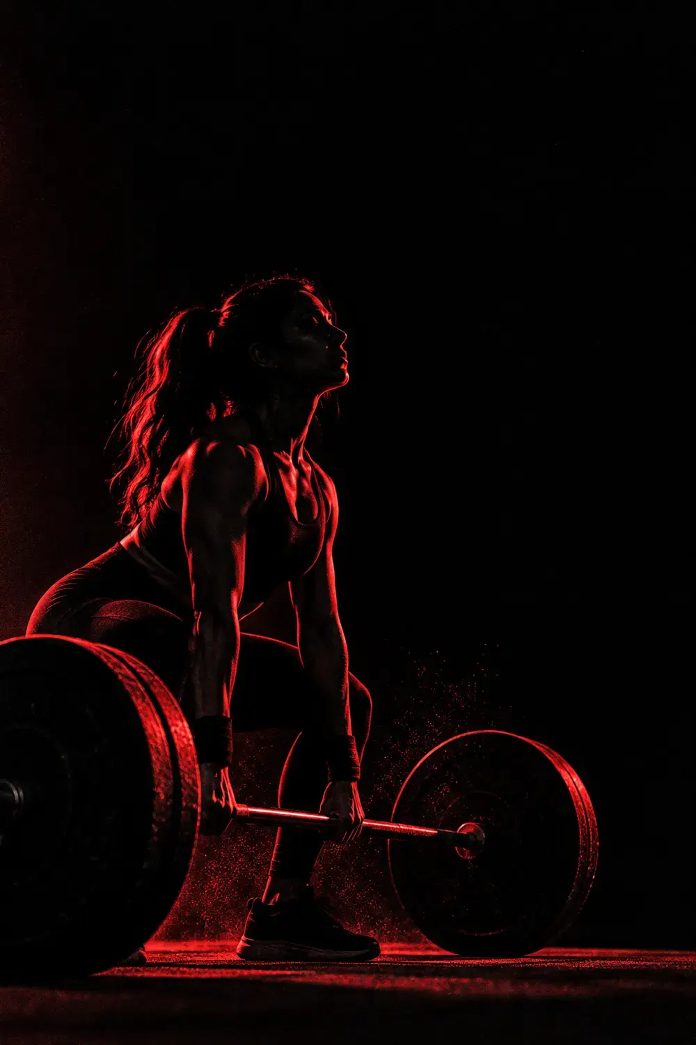 A member mid-lift under hard red light.