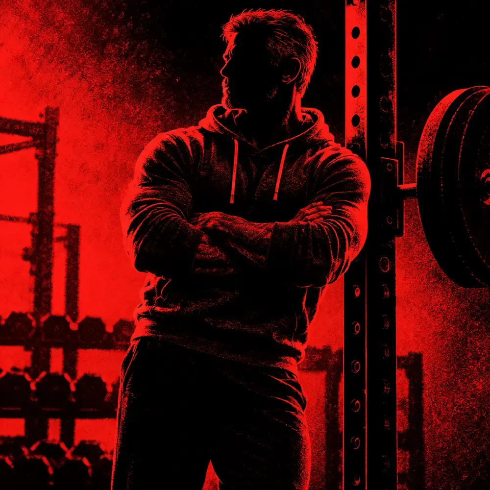 The gym owner leaning on a rack.