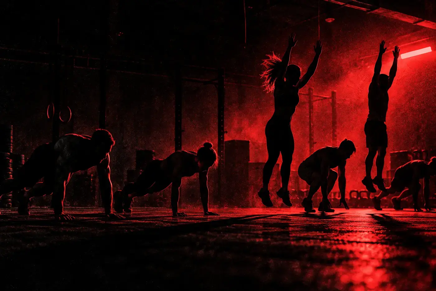 Silhouettes of a class mid-burpee.