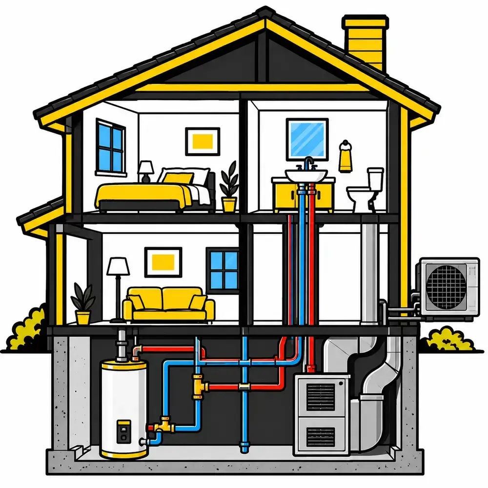 A cutaway house showing the AC unit, water heater and pipes.