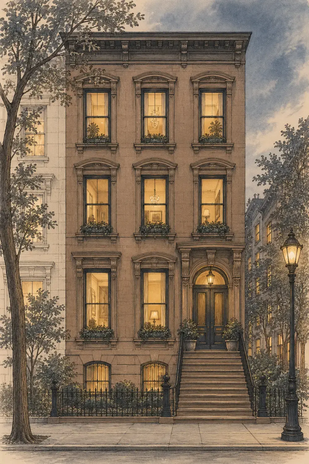 A New York brownstone drawn as an elevation at dusk.