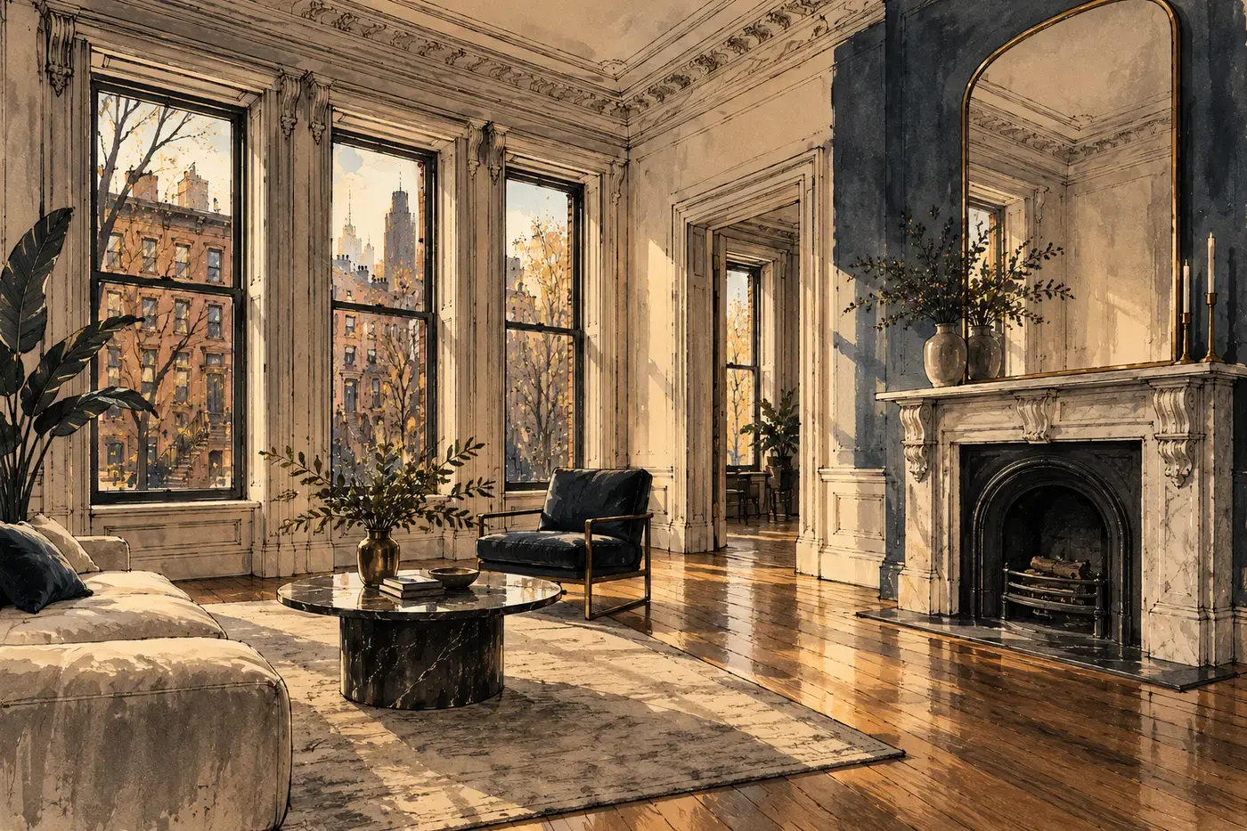 An empty brownstone parlour with tall windows.