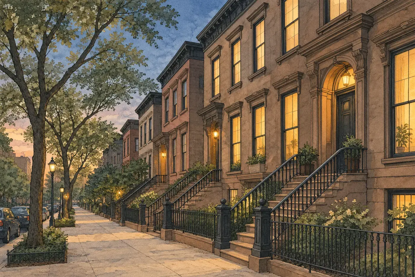 A row of brownstones at dusk.