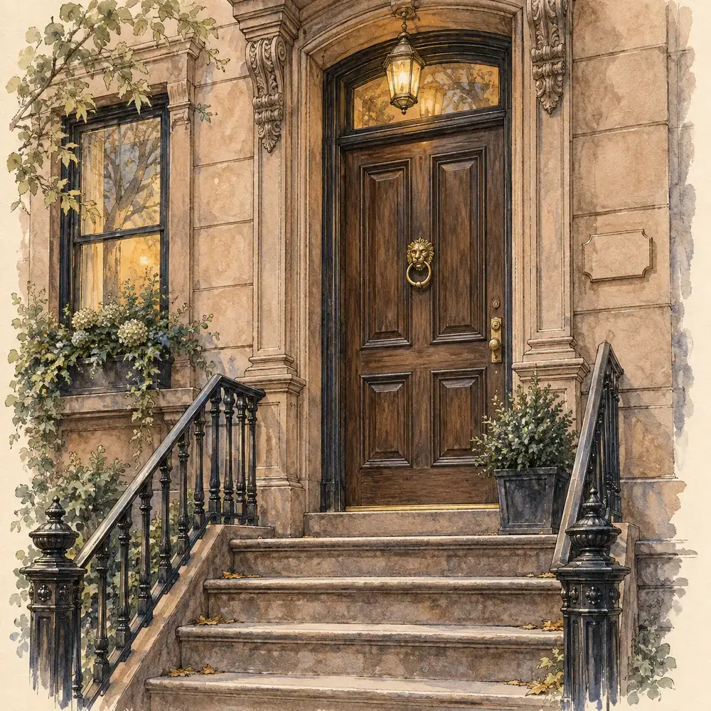 A panelled front door and stone steps.