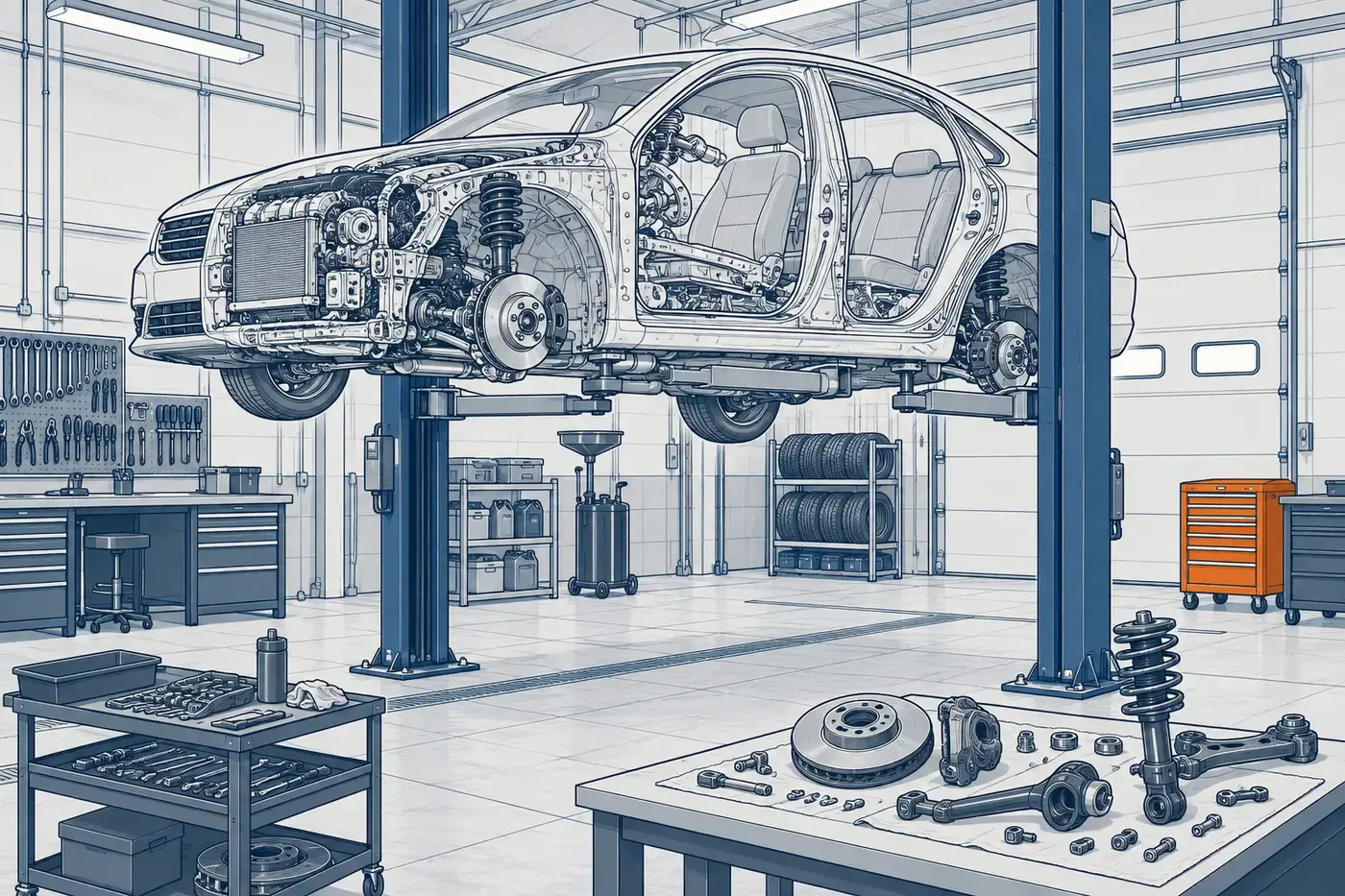 A tidy garage bay with a car on the lift.