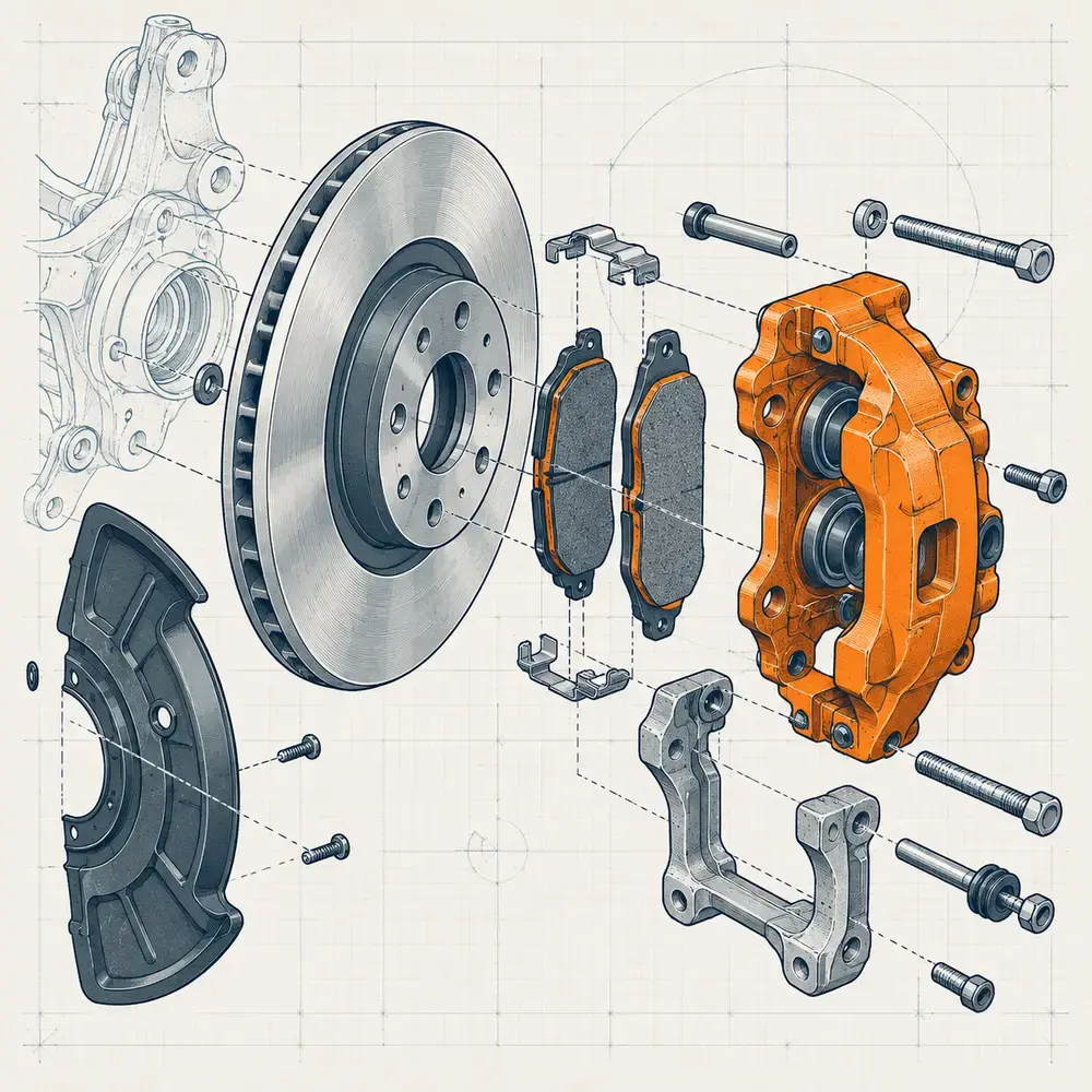 An exploded view of a disc brake assembly.