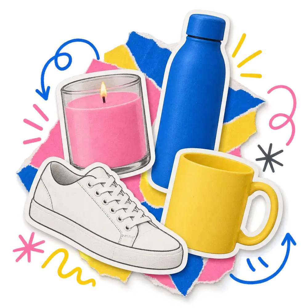 Product stickers: a sneaker, a candle, a mug and a bottle.