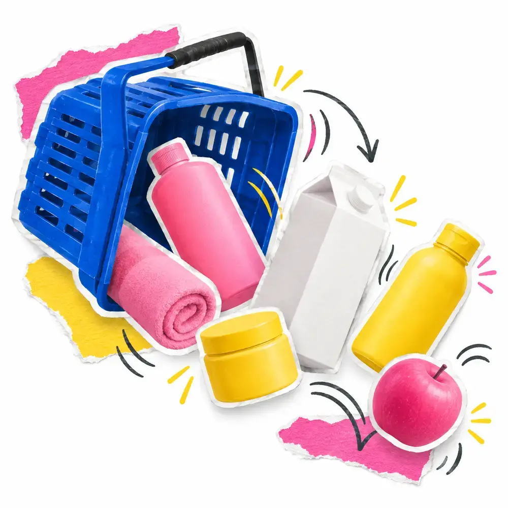 A basket tipping over with products tumbling out.
