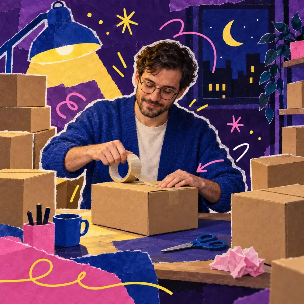 A store owner at a packing table at night.