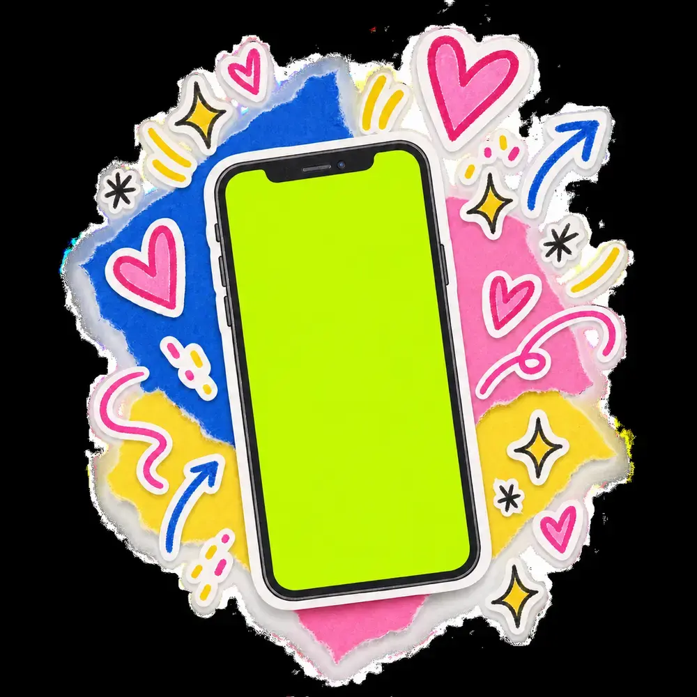A phone sticker with hearts drifting off it.