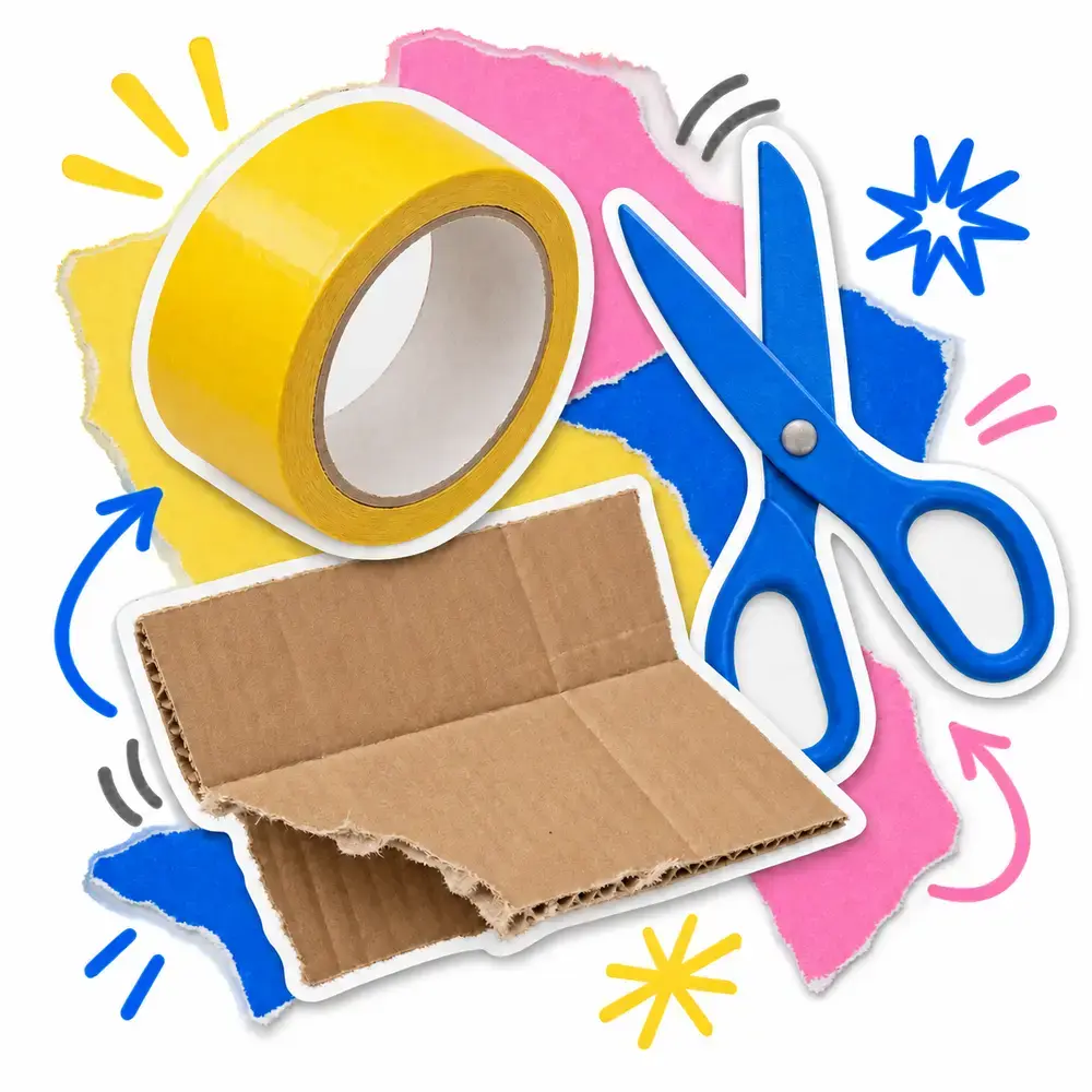 Packing tape, scissors and a torn box flap.