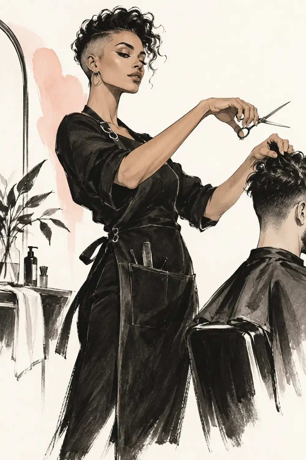 A barber mid-cut, scissors raised.