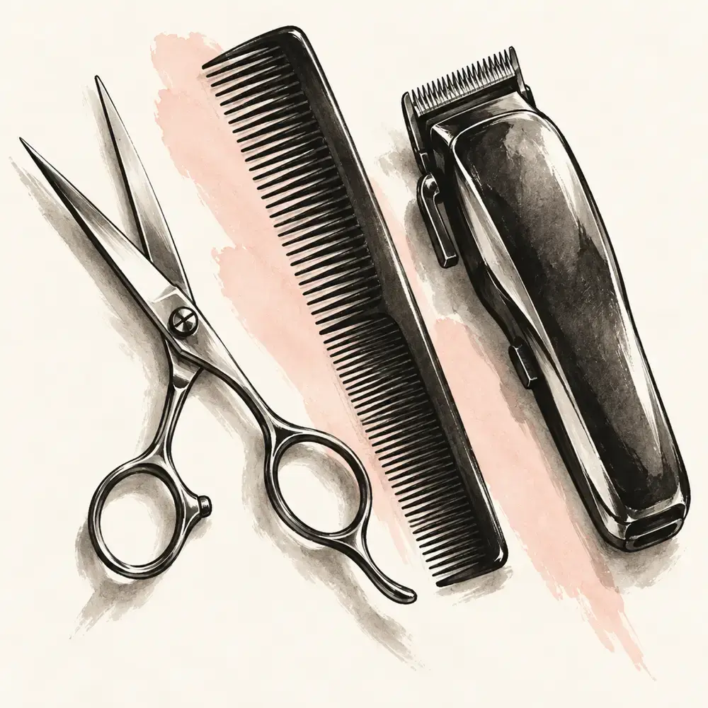 Scissors, comb and clippers laid out.