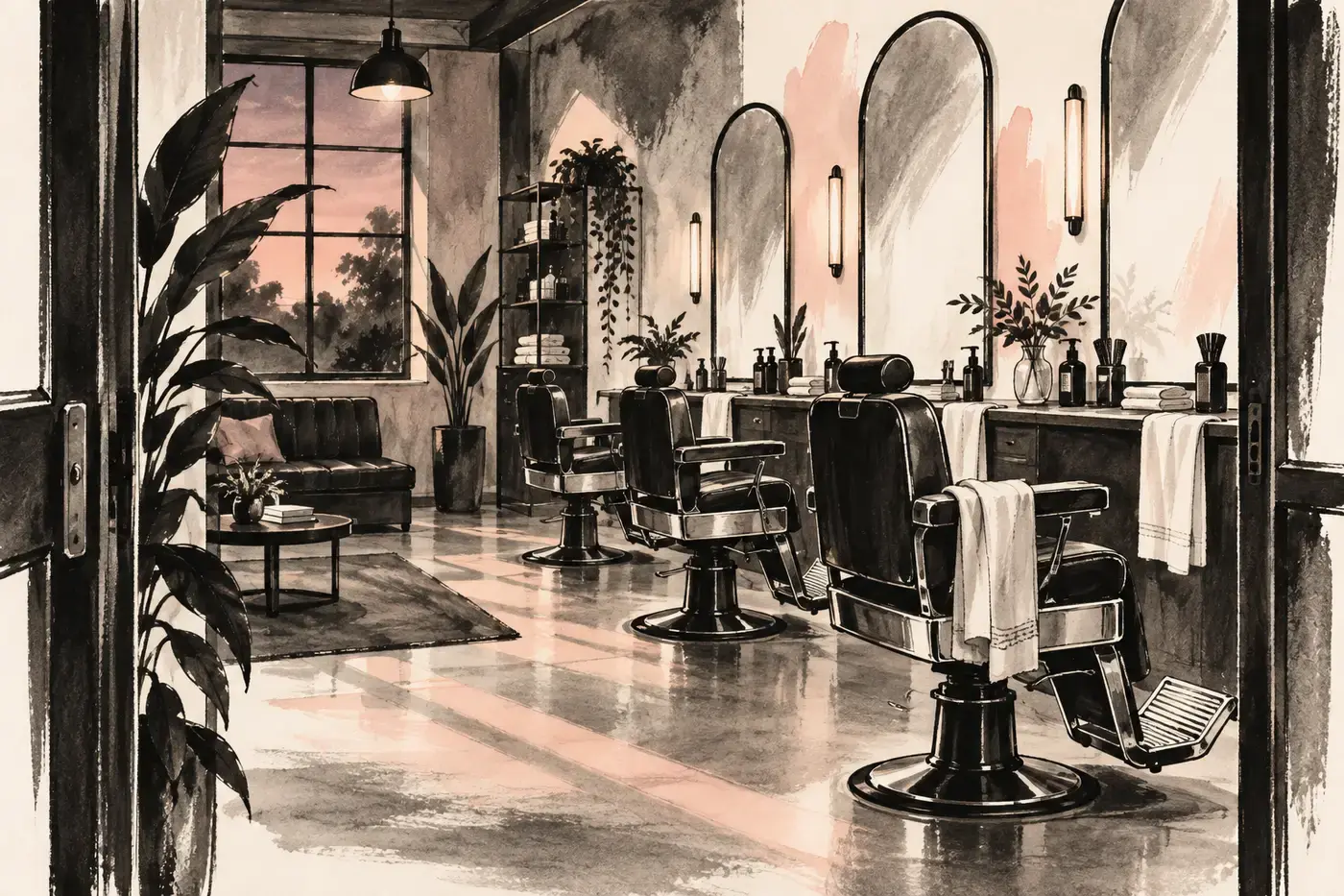 The barbershop interior at dusk.