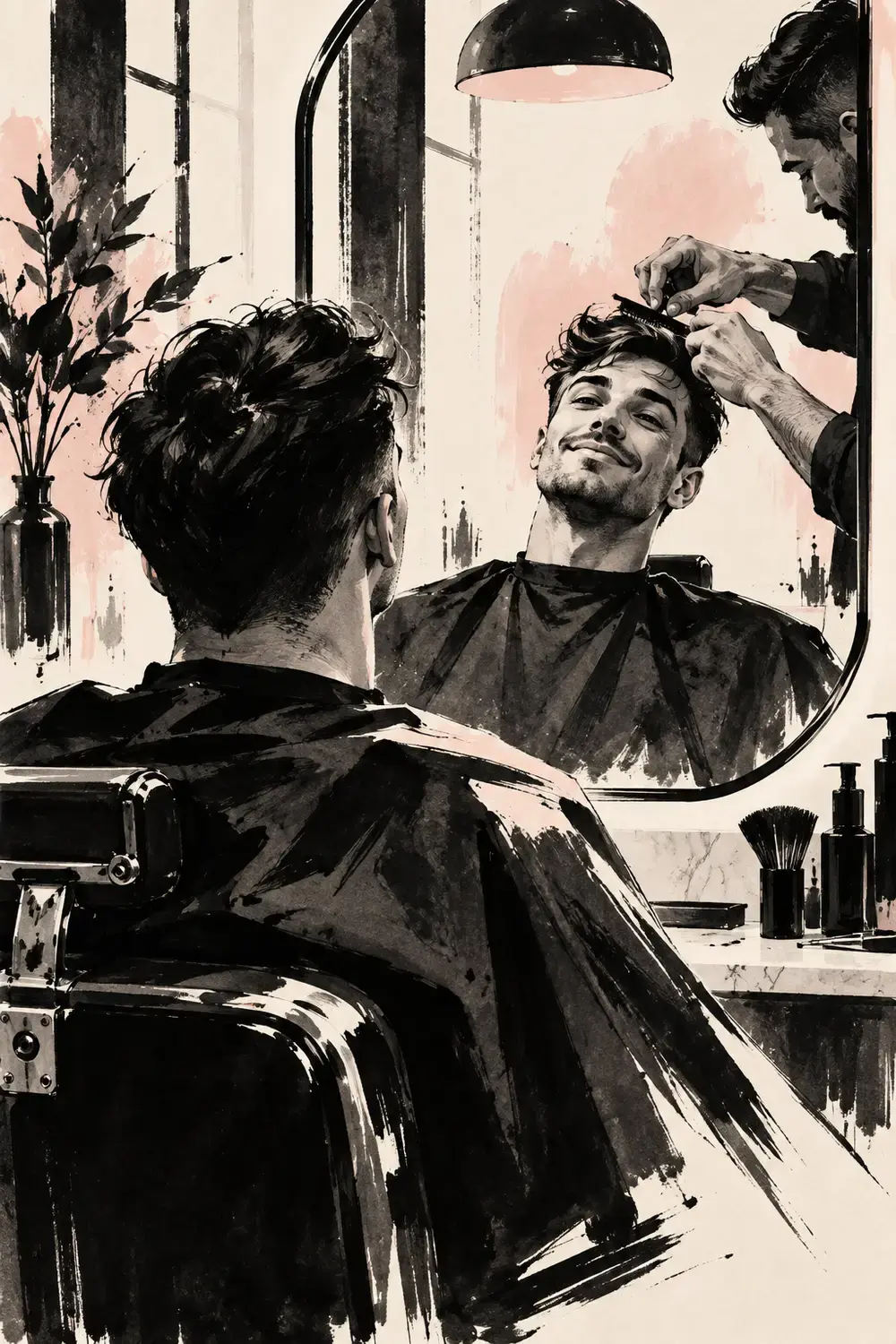 A client smiling at their reflection mid-cut.