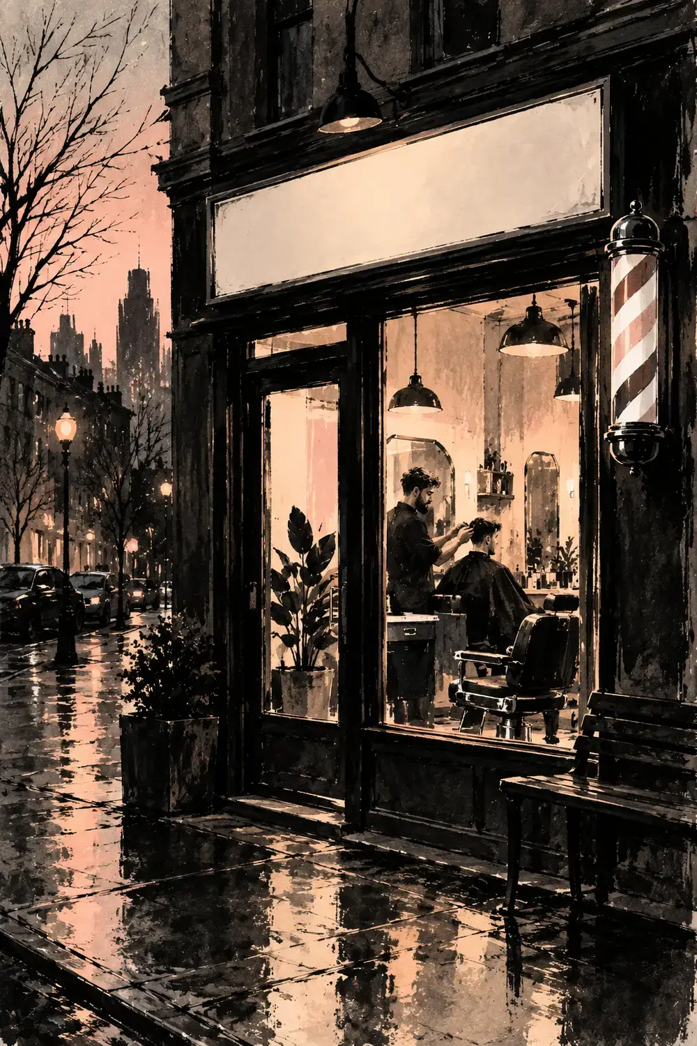 The shopfront at dusk, warm light inside.