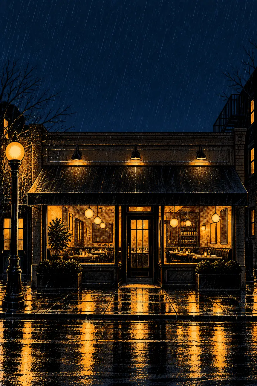 A small restaurant on a rainy New York street at night, its windows glowing.