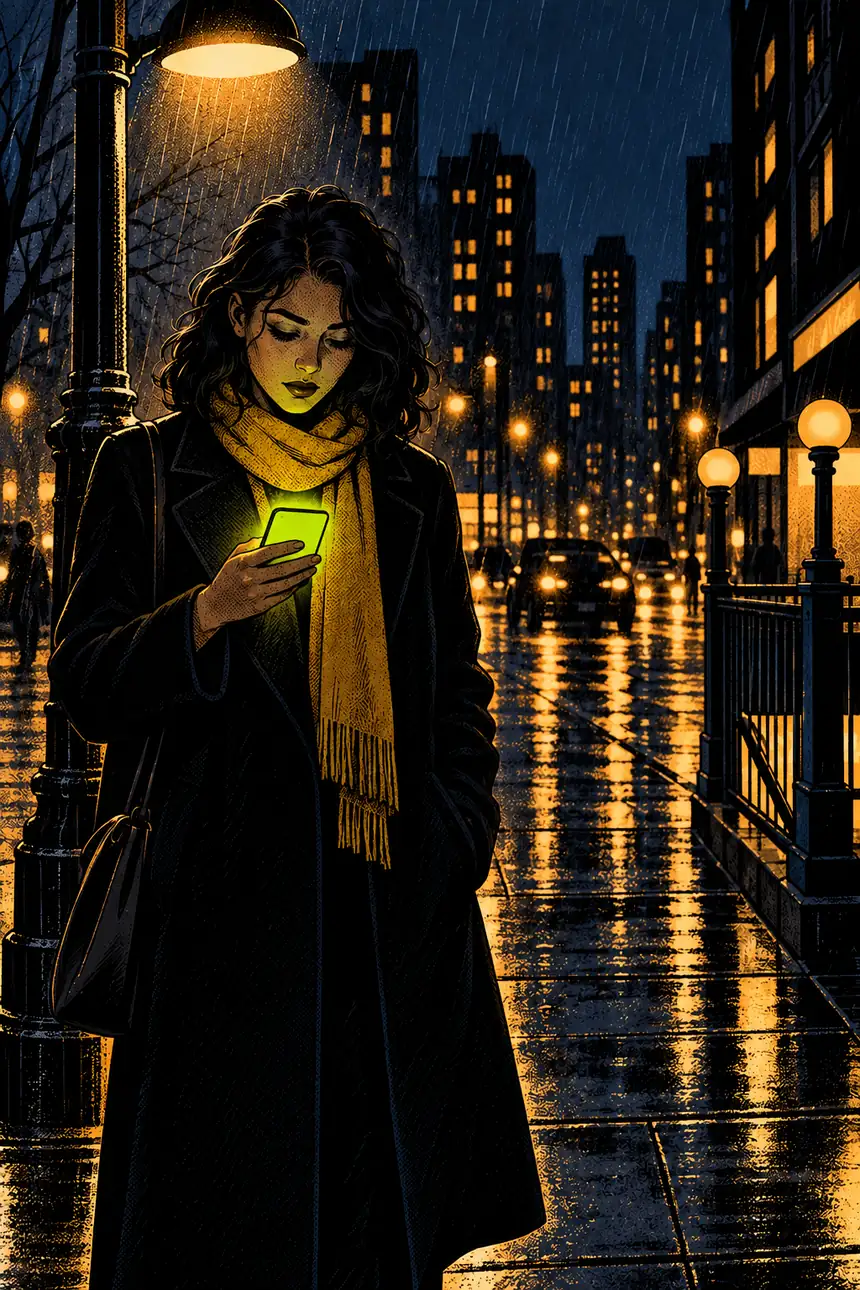 Maya on the sidewalk at night, her face lit by her phone.