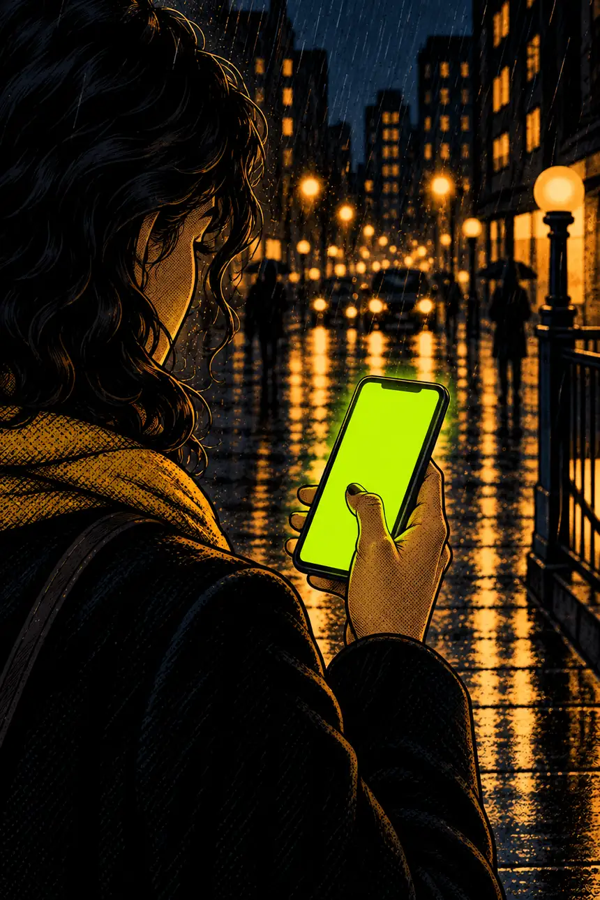 Maya's hand holding her glowing phone in the rain.