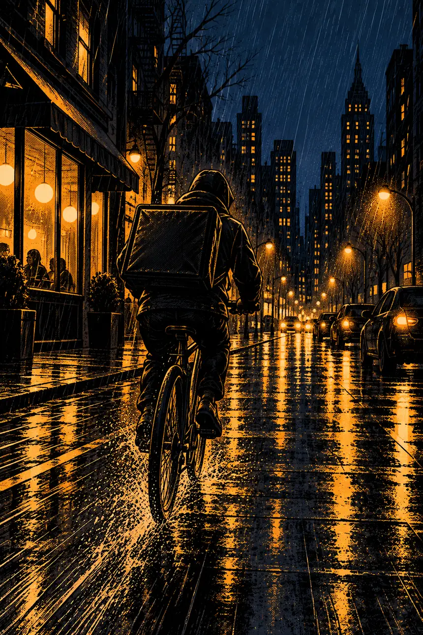 A delivery courier cycling away down a wet street at night.