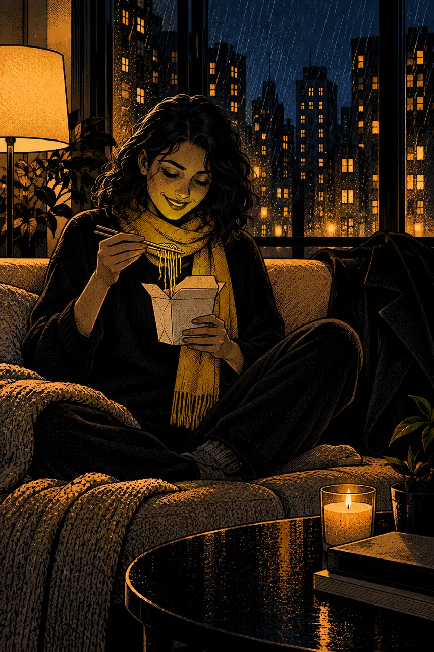 Maya at home on her couch, eating takeout.
