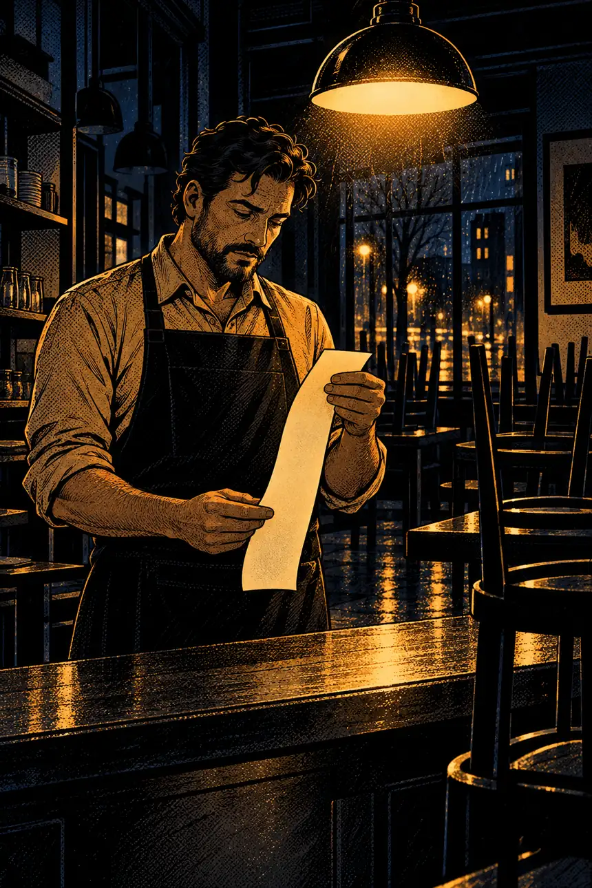 The owner alone after closing, reading a long receipt under a lamp.